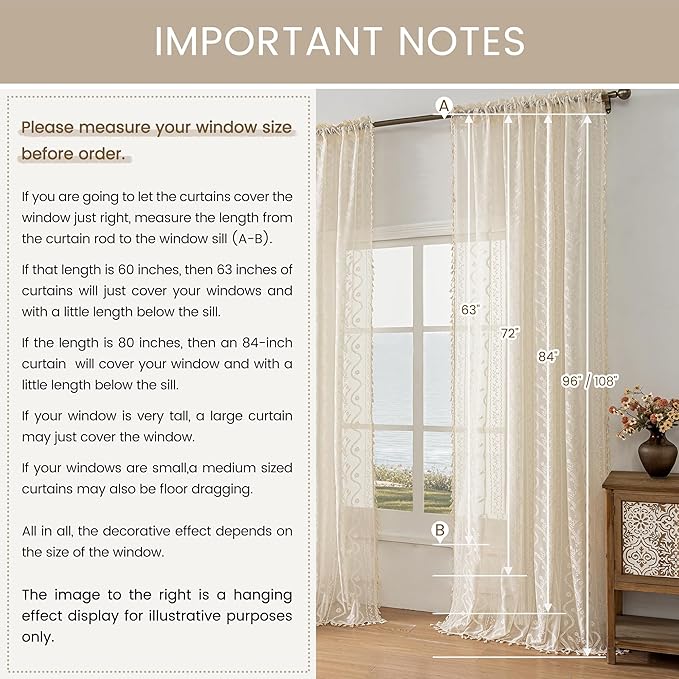 WAZZIO Boho Lace Curtains 2 Panels 80 Inches -Cute Vintage Victorian Sheer - Image 8