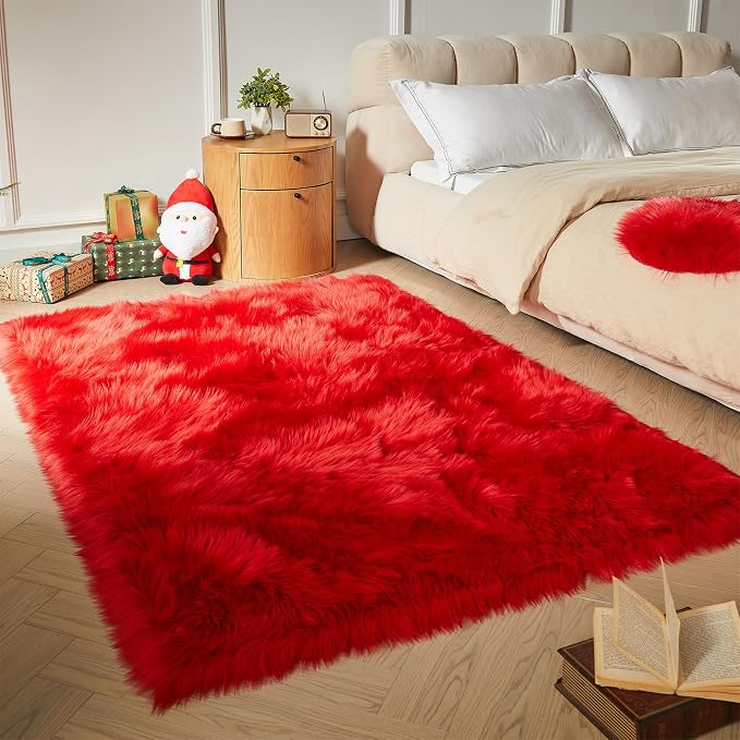 AMTOVO Faux Fur Sheepskin Rug for Living Room, 4 x 6 ft Red Fluffy Area Rug for - Image 5