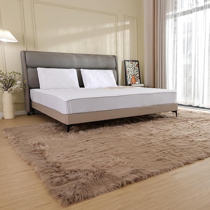 ORINOVA Fluffy Beige 8X10 Area Rug Faux Sheepskin Shaggy Fur Rug Washable - Image 2