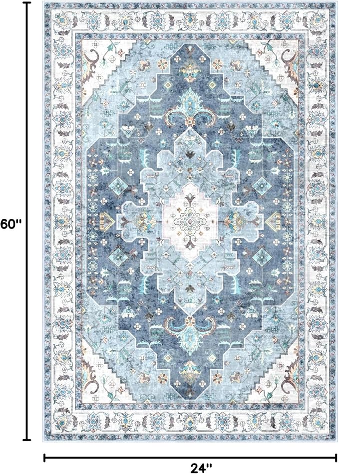 SERISSA Boho Washable Runner Rug, 2x5 Rug Non-Slip Vintage Blue Hallway Kitchen - Image 2