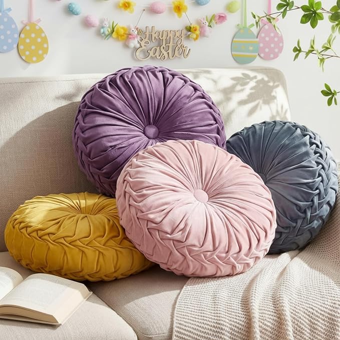 Kathfly Set of 4 Decorative Round Pleated Throw Pillows, Classy Velvet Pumpkin by Kathfly