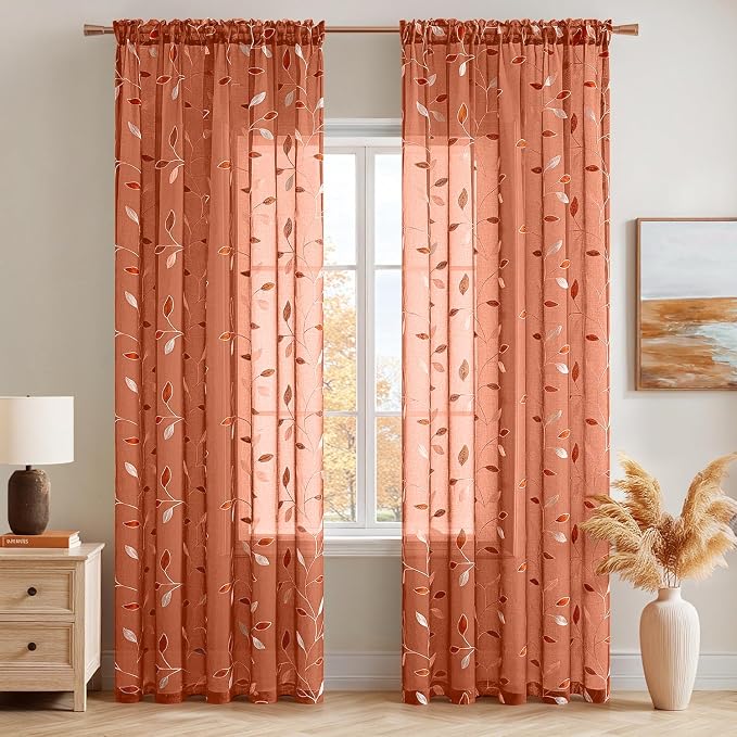 MIULEE Burnt Orange Sheer Curtains 2 Panels Embroidered Leaf Patterned Rod - Image 2