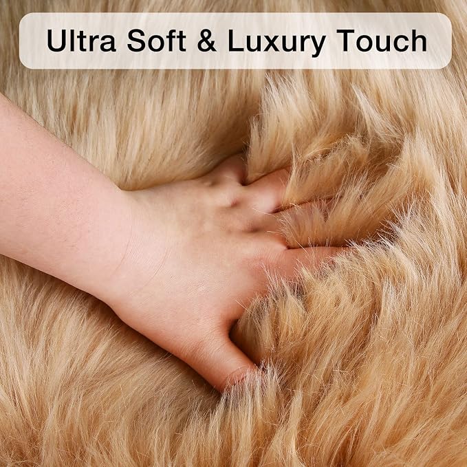 duduta Beige Faux Sheepskin Fur Rug 3x5 ft, Fluffy Shag Bedroom Dorm Nursery - Image 4