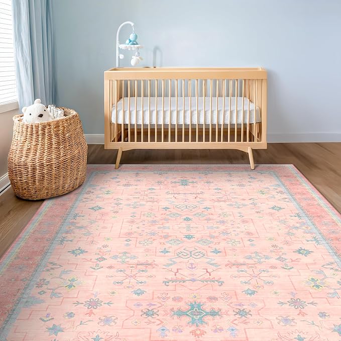 Washable Pink and Blue 7x10 Oushak Rugs - Image 3