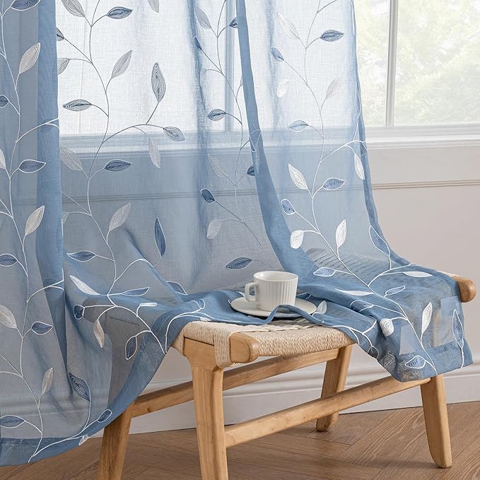 MIULEE Dusty Blue Sheer Curtains 2 Panels Embroidered Leaf Patterned Rod Pocket by MIULEE