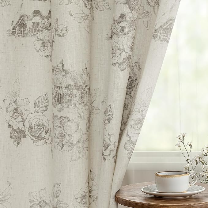 Yakamok Grey Floral Linen Curtains - Image 7