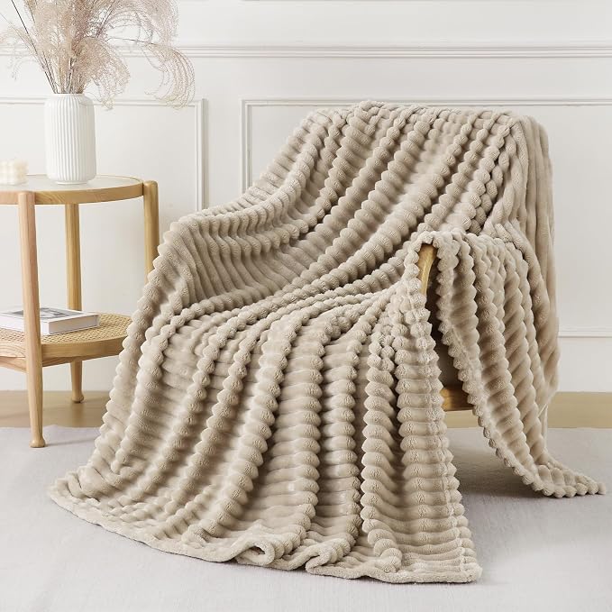 Khaki Throw Blanket for Couch Sofa 108x90 inches Striped Design | Fleece - Image 3
