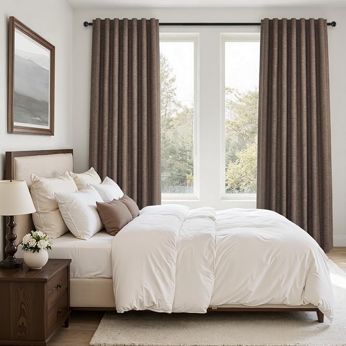 Dark Brown 95 inch Bedroom Living Room Curtains 2 Panels 100% Blackout Linen - Image 6
