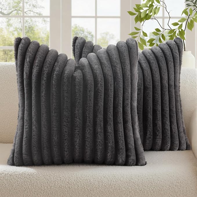 decorUhome Fall Faux Fur Throw Pillow Covers 20x20 Set of 2 Dark Grey | by decorUhome
