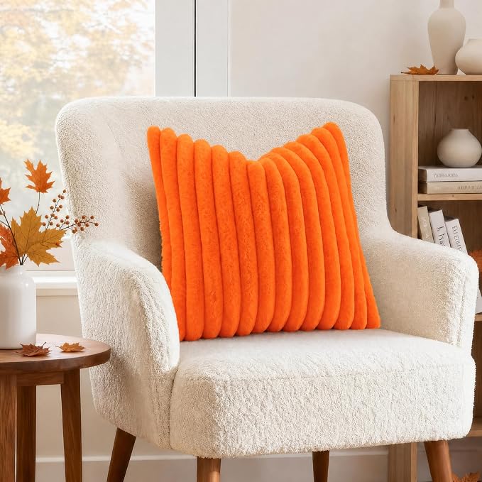 decorUhome Fall Faux Fur Throw Pillow Covers 16x16 Set of 2 Orange | Decorative - Image 4