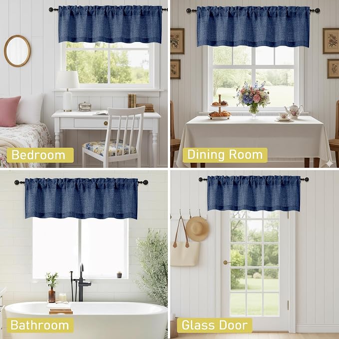 Navy Blue Valances for Windows, Light Filtering Faux Linen Textured Small Short - Image 6