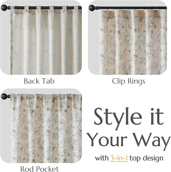 jinchan Floral Linen Curtains for Living Room 63 Inch Length Grey Flower - Image 5