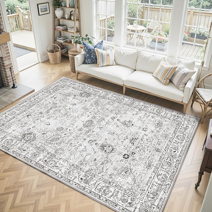 Floral Washable 6x9 Area Rugs, Soft Grey White Bedroom Rug - Image 7