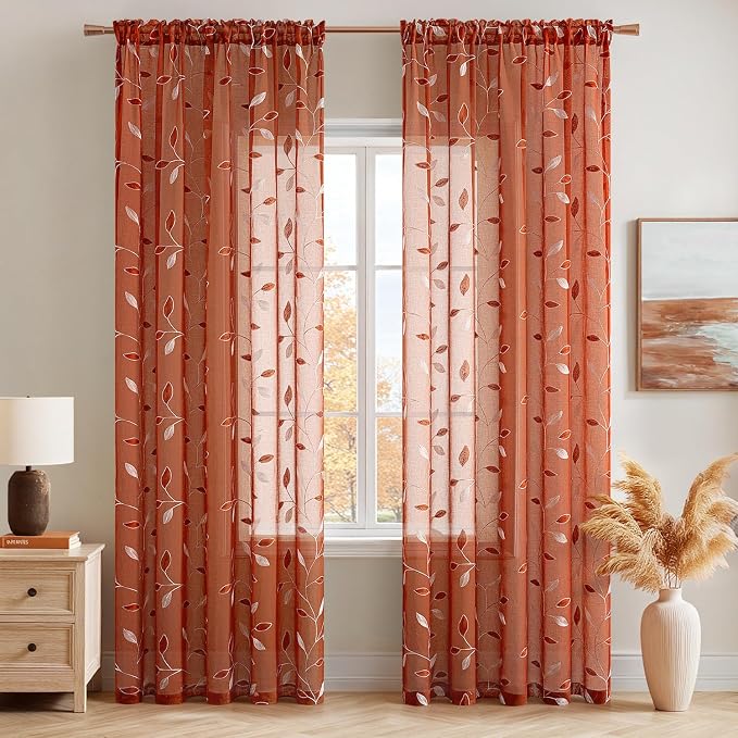 MIULEE Terracotta Sheer Curtains 2 Panels Embroidered Leaf Patterned burnt - Image 2