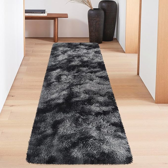 Tie-Dyed Runner Rug for Bedroom Black Grey 2x6ft Fluffy Area Rug Bedside Runner - Image 4