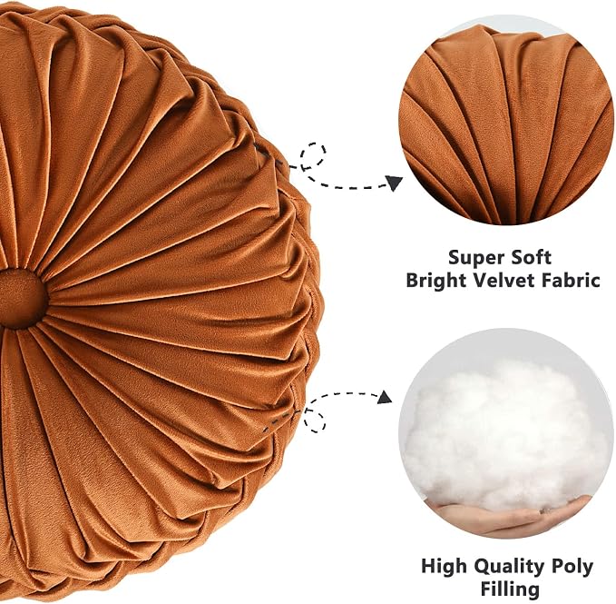 HIG Set of 2 Decorative Round Pleated Throw Pillows, Classy Accent Pumpkin - Image 2