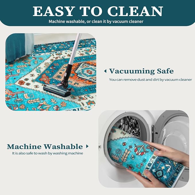 SERISSA Boho Area Rug 5x7 Blue, Washable Rugs - Image 2