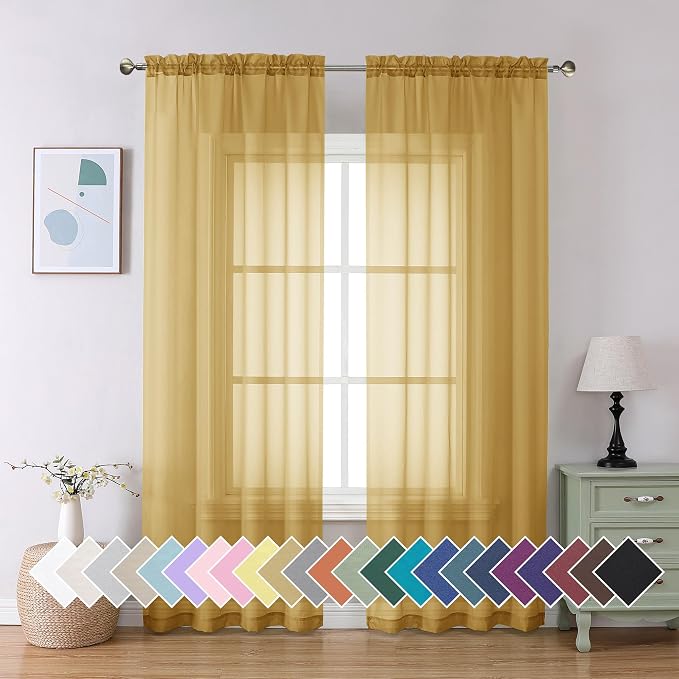 Aiyufeng Gold Sheer Curtain 90 Inches Long 2 Panels Set, Light Filtering Gold by Aiyufeng