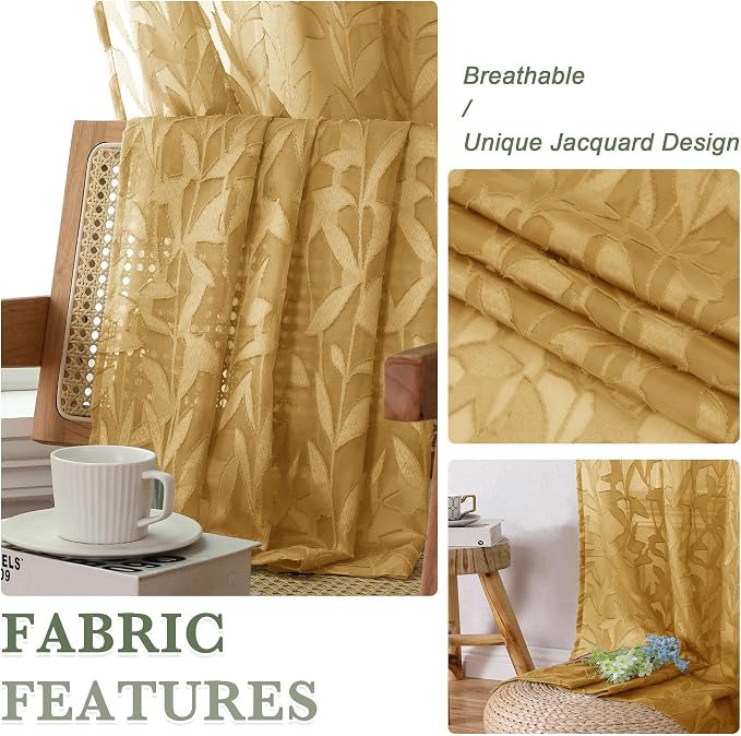 Lecloud Leia Dark Gold Sheer Curtains 72 Inches Long 2 Panels, Airy & - Image 9