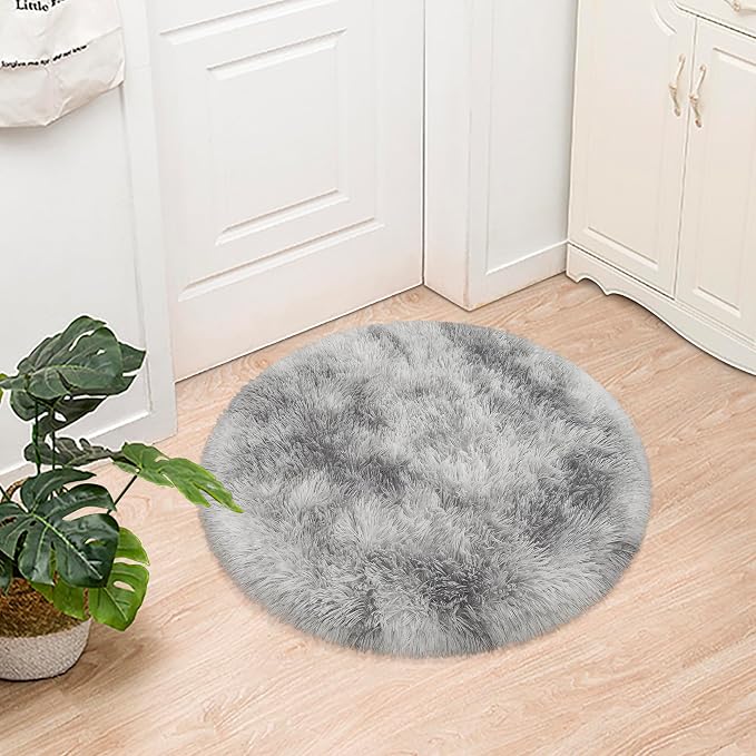 Tie Dye Grey Round Rugs Small 3x3 ft Fluffy Circle Rug Furry Carpet Shaggy by JiaoBaba