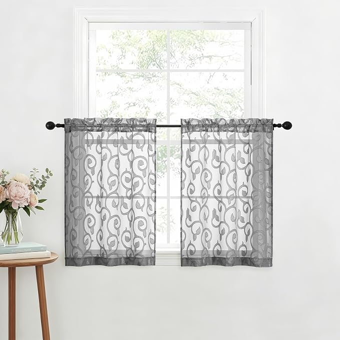 OWENIE Furman Cafe Curtains 30 Inch Length 2 Panels Set, Elegant Geometric - Image 2