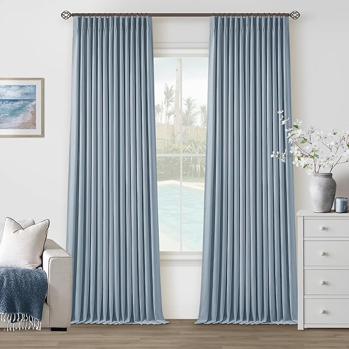 Light Blue Pleated Linen Blackout Curtains 90 Inches Long 2 Panels W40xL90 | by Twodrapes