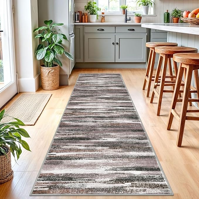 Lansny Modern Abstract Runner Rug 2.6x10, Dark Light Brown White Washable Long - Image 2