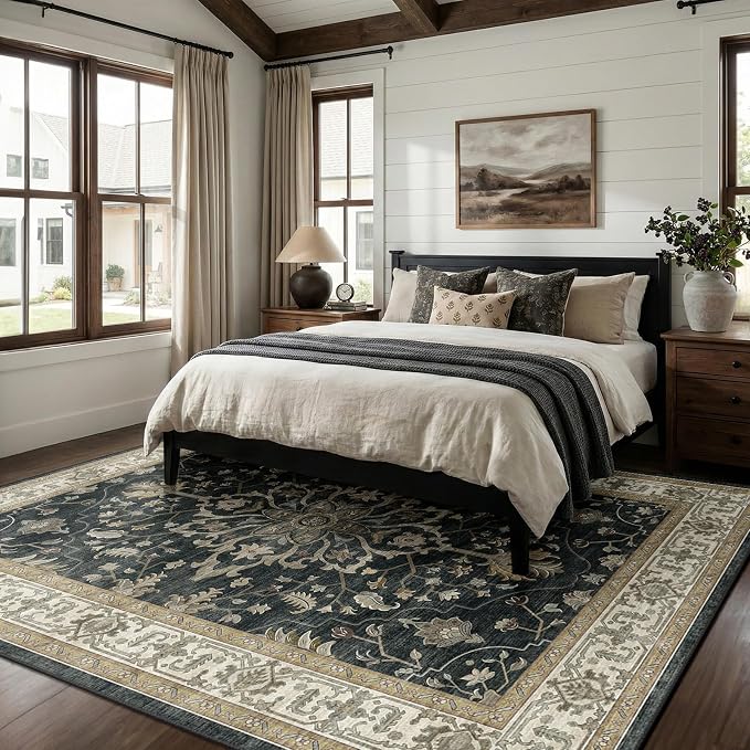 Area Rugs 8'x10' Washable Non-Slip, Floral Vintage Distress Print Pattern - Image 3