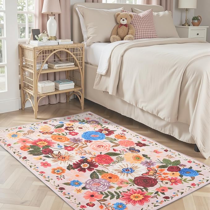 Pink Area Rug 4x6 Rug Washable Boho Rugs Non Slip Low Pile Floral Small Carpet - Image 2