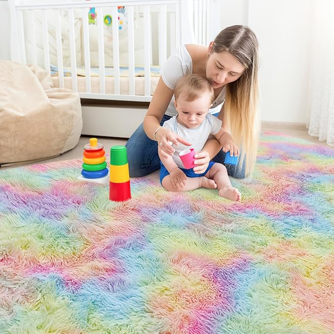 Fluffy Rainbow Colorful Area Rug - Image 3