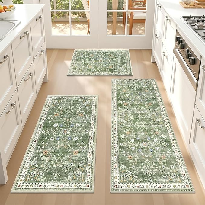 Yamaziot Washable Kitchen Rug Set of 3 – Non Slip Boho Floral Hallway Runner Rug - Image 2
