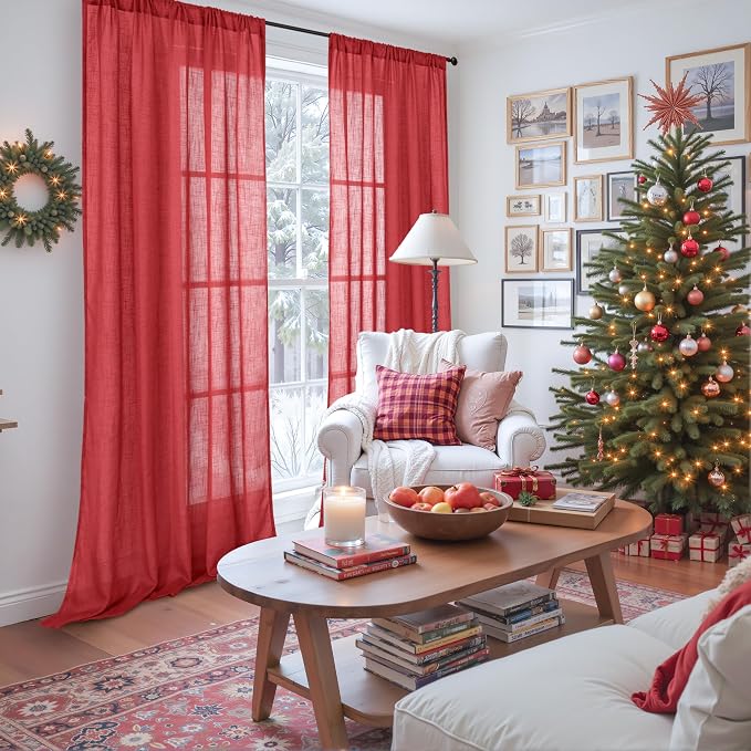 BGment Red Linen Semi Sheer Curtains - Image 2