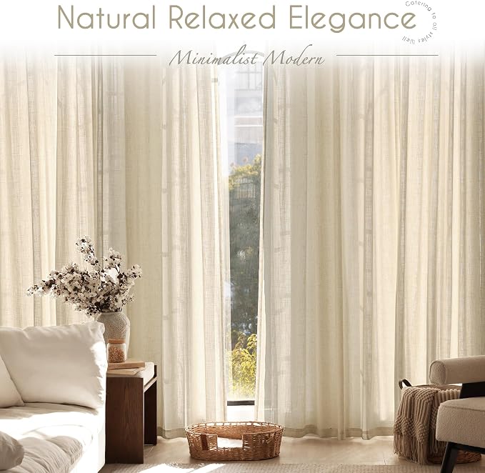 Greyish Beige Linen Curtain 108 inch Length 2 Panels Set Back Tab Light - Image 7