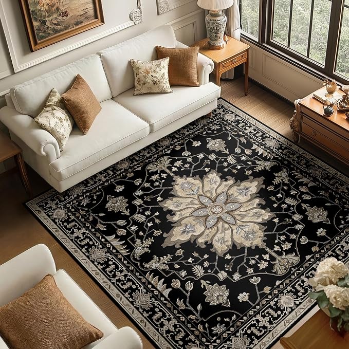 RELEANY Area Rugs Square 6ft Washable Non-Slip, Floral Vintage Distress Print by RELEANY