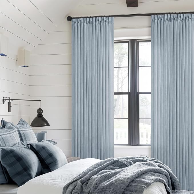 Dusty Blue Linen Pinch Pleated Curtains 108 Inches Long 2 Panels | Semi Sheer by Twodrapes