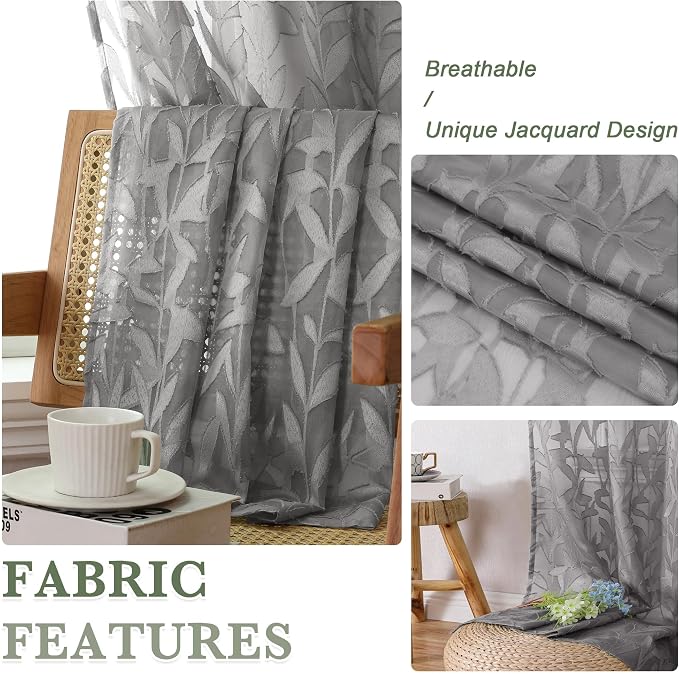 Lecloud Leia Charcoal Grey Sheer Curtains 45 Inch Length 2 Panels, Elegant - Image 4