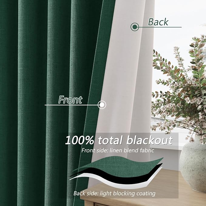 Guken Dark Green 100% Blackout Linen Curtains 84 Inch Length 2 Panels Set - Image 4