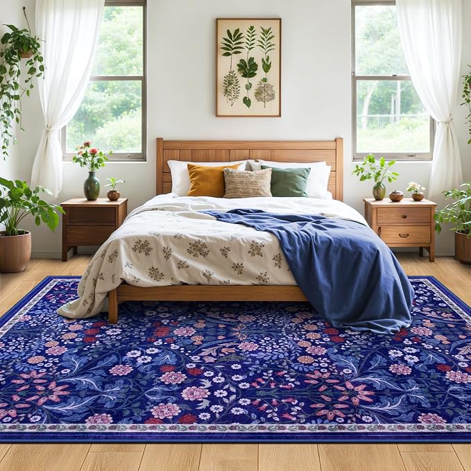 Area Rugs 9x12 Living Room: Floral Washable Rug Vintage Large Soft Boho - Image 3