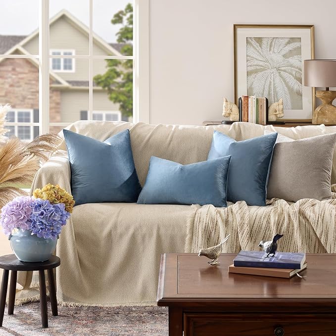 GIGIZAZA Stone Blue Velvet Decorative Throw Pillow Covers 20x20 - Image 2