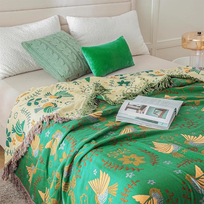 MSGKV Boho Throw Blanket 100% Cotton Green Blanket 90''x 98'' Spring Reversible - Image 5