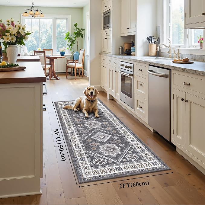 HEBE Washable Kitchen Rugs Runner 2'x 5', Non Slip Hallway Runner Rug, Low Pile - Image 2