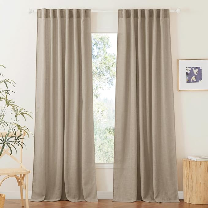 RYB HOME Khaki Linen Curtains 95 inches, Rod Pocket & Back Tab Linen Blend Boho by RYBHOME