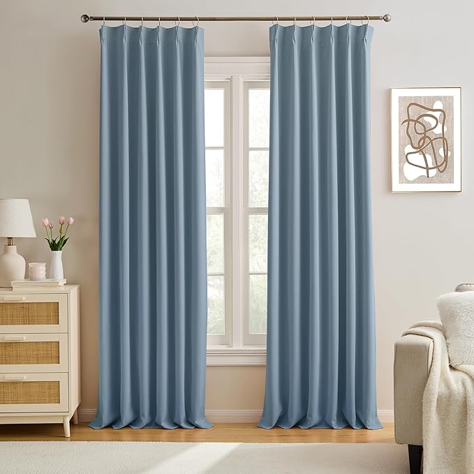 Dusty Blue Pinch Pleated Curtains 156 Inches Long Room Darkening Draperies by KEQIAOSUOCAI