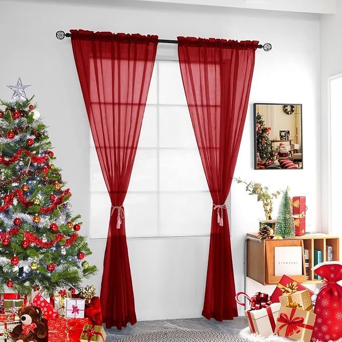 youleyar Solid Sheer Rod Pocket Curtain Voile Draperies 4 Panels White Beige - Image 2