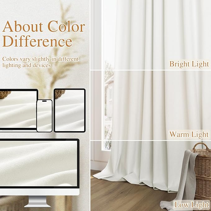 Guken Ivory 100% Blackout Linen Curtains 72 Inch Length 2 Panels Set - Image 7
