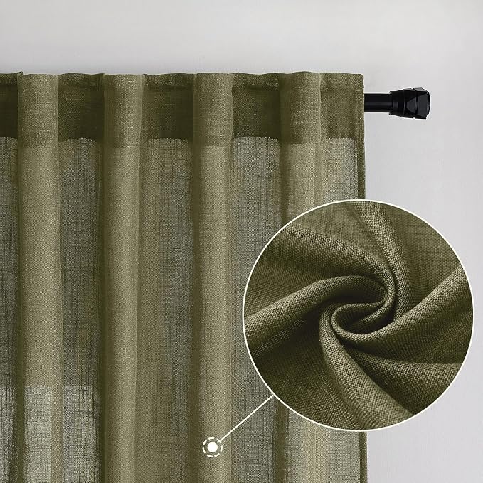 MIULEE Light Olive Green Linen Curtains 90 Inch Long 2 Panels - Image 2