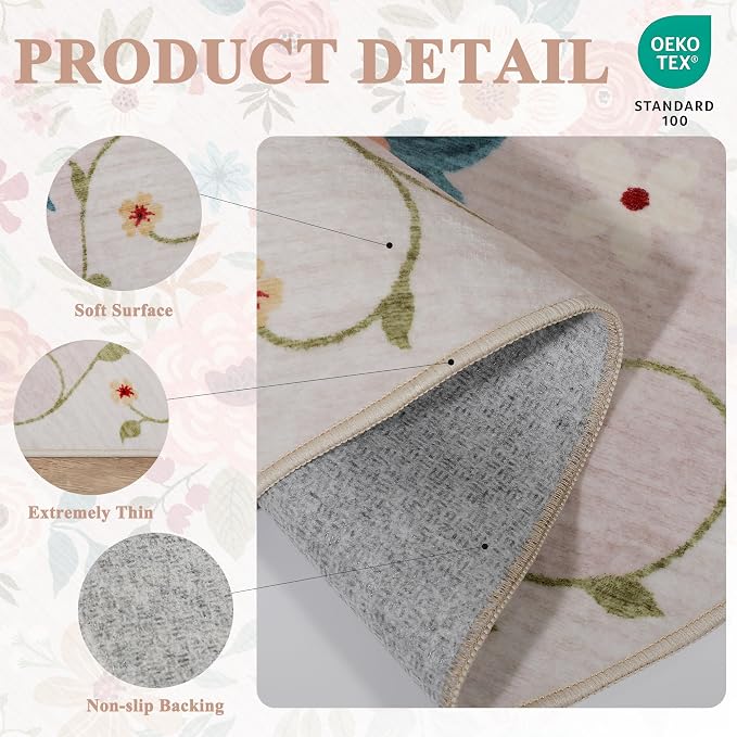 DUKINO 2x10 Runner Rug, Floral Washable Kitchen Runner Rug Non Slip, Low Pile - Image 5