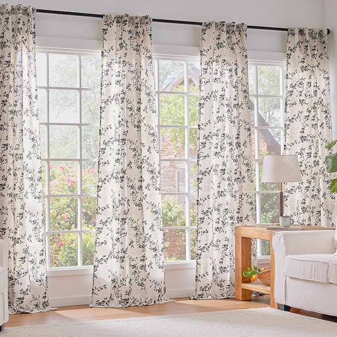 Lazzzy Black Floral Linen Curtains 63 Inch Farmhouse Back Tab Drapes - Image 6