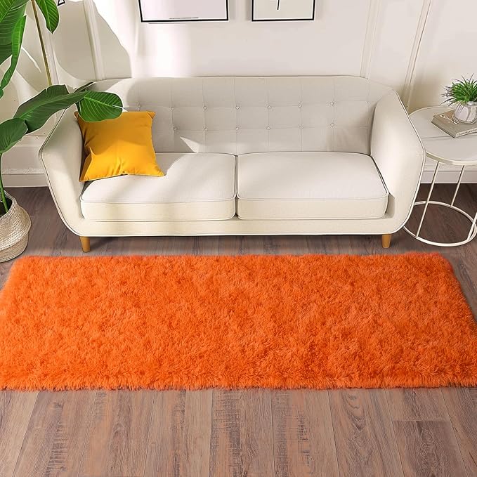 Soft Runner Rugs for Bedroom Hallways, 2x5 Orange Fluffy Shag Throw Area Rug - Image 5