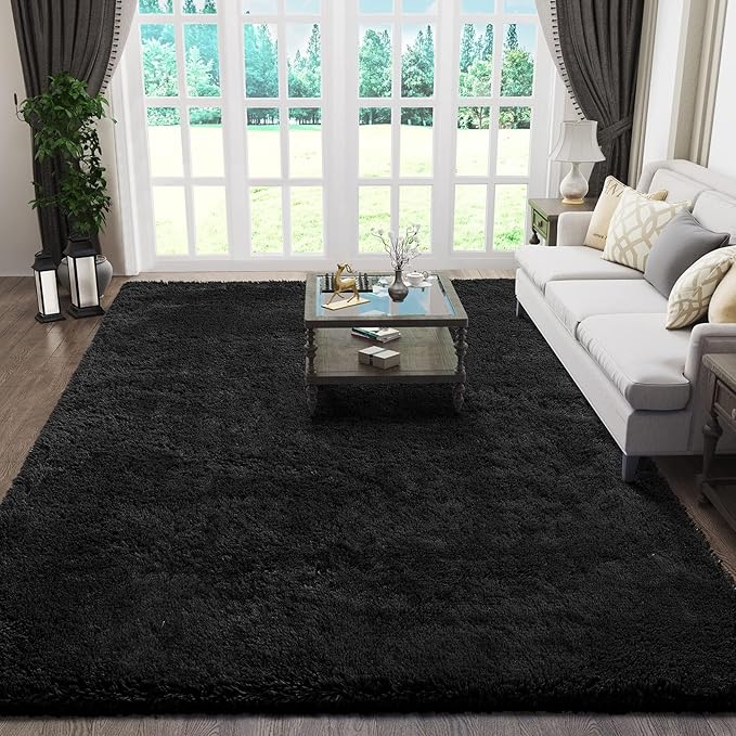 Ophanie Black Rugs for Living Room, Fluffy Furry Shaggy Fuzzy Area Rug by Ophanie